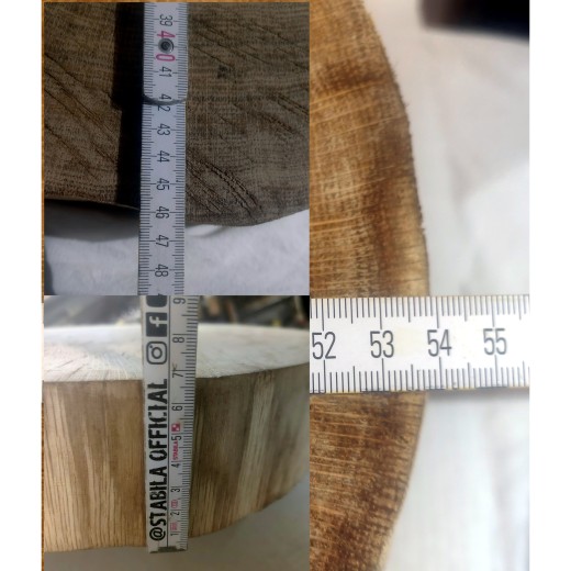 Massive Baumscheibe kaufen, aus heimischer Eiche, ca. 54 x 47 x 7 cm, ​​​​​​​getrocknet, nur Kernholz, vorgehobelt und unbehandelt. Die Bilder zeigen genaue Details.
