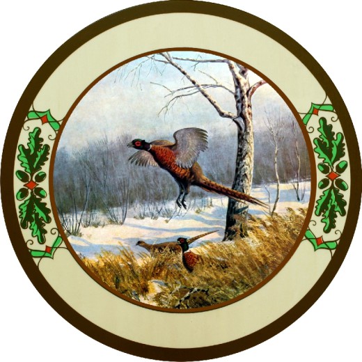 Fasan im Anflug Eichenlaub, Schützenscheibe-Ehrenscheibe, Multiplex, Echtholz, Buche, Ehrenscheibe, Beschußscheibe.